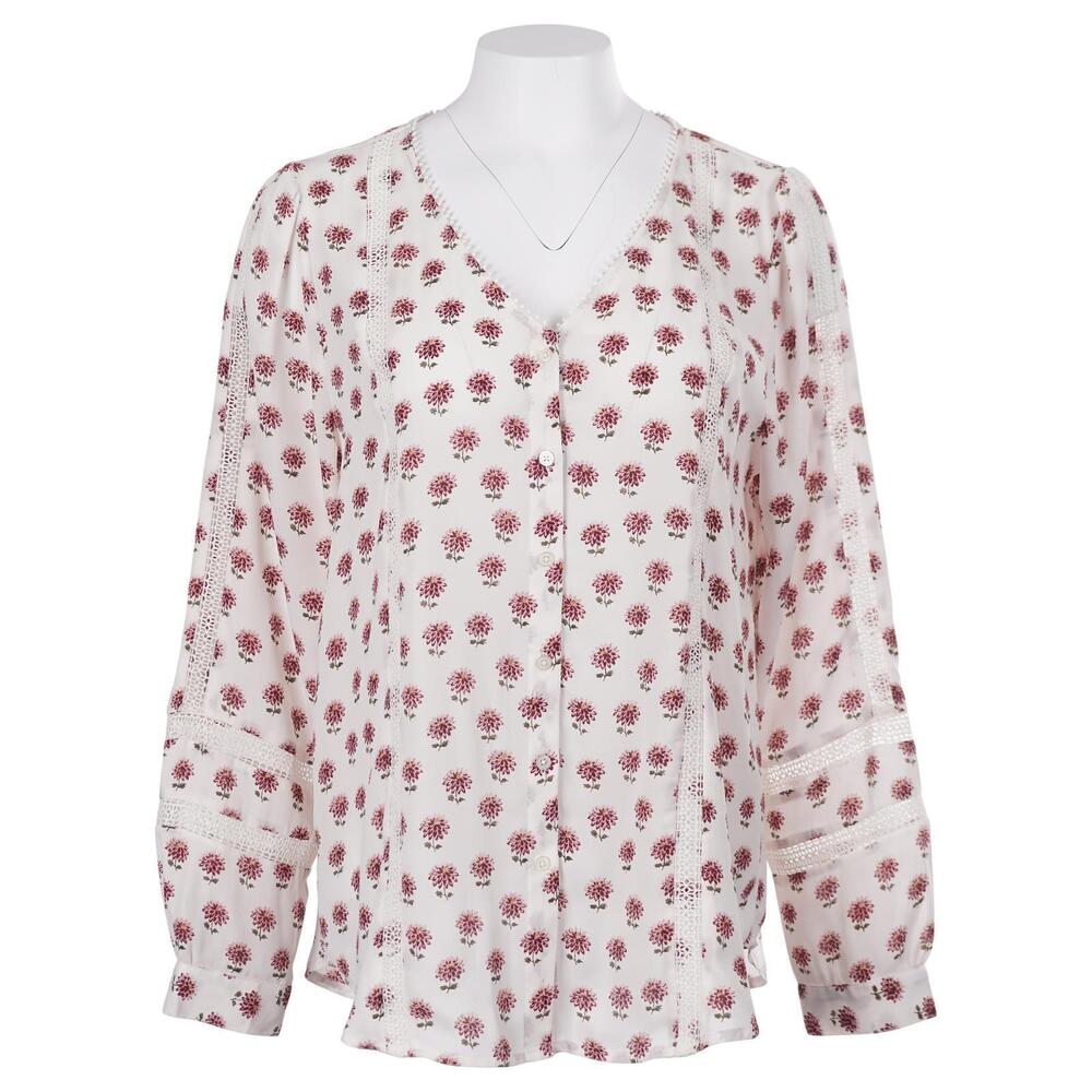 LOFT Top L Floral Print Crochet Lace V-Neck Long Sleeve Button Up Blouse